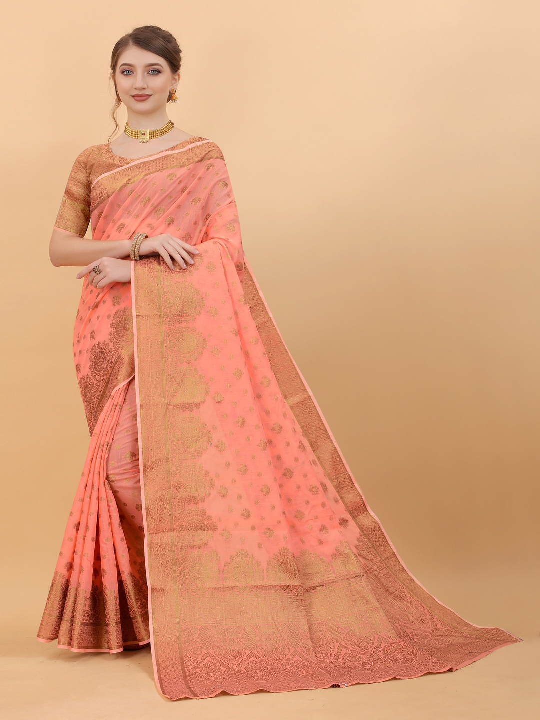 

MOKSHA DESIGNS Ethnic Motifs Woven Design Zari Pure Silk Banarasi Saree, Orange