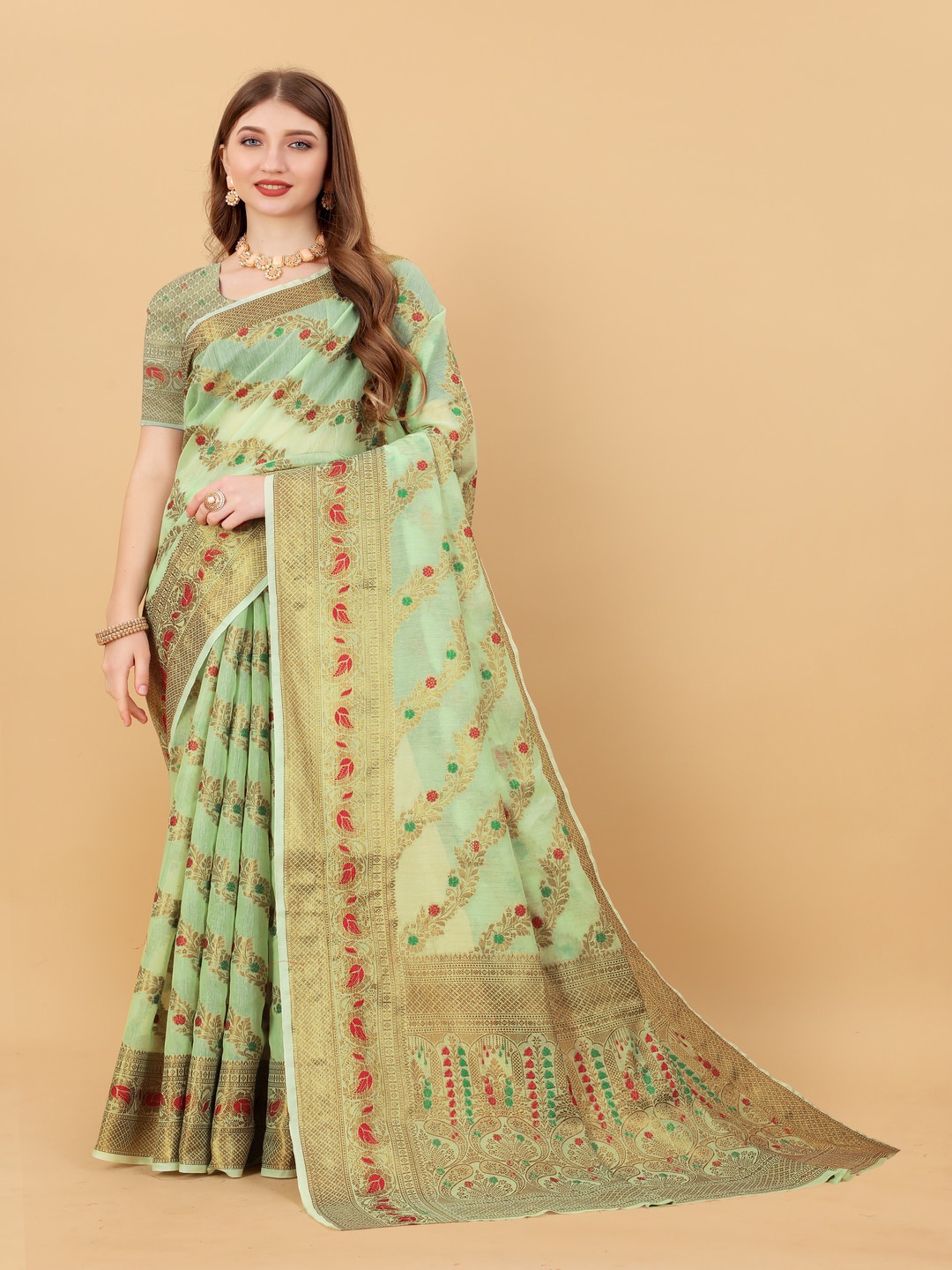 

MOKSHA DESIGNS Floral Woven Design Zari Pure Silk Maheshwari Saree, Green