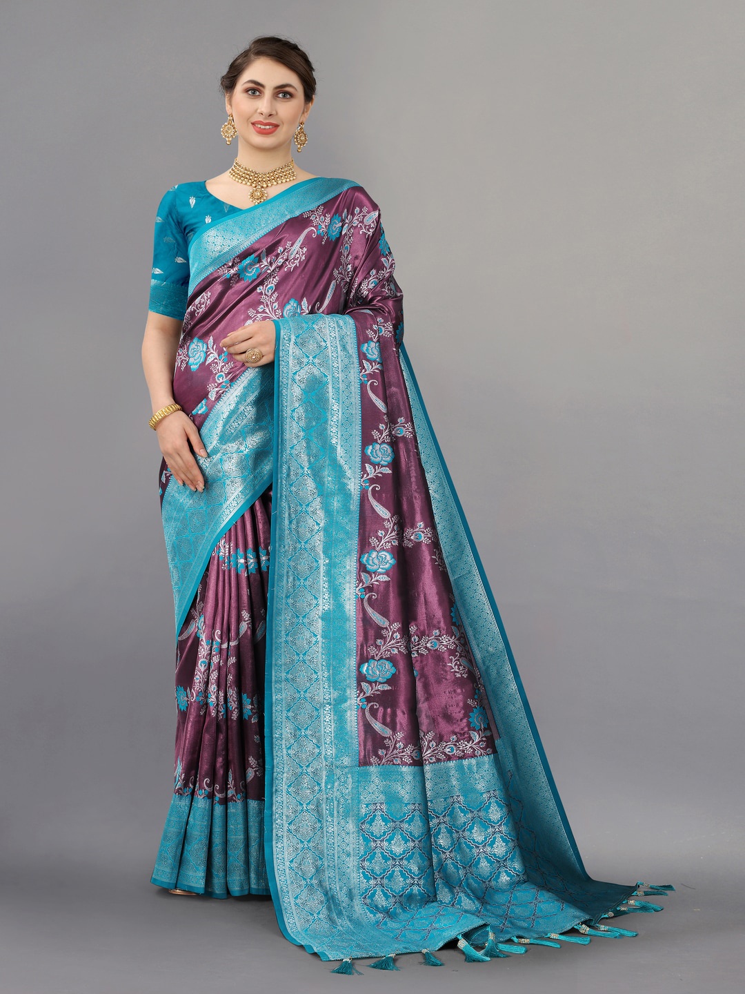 

MOKSHA DESIGNS Floral Woven Design Zari Pure Silk Kanjeevaram Saree, Blue