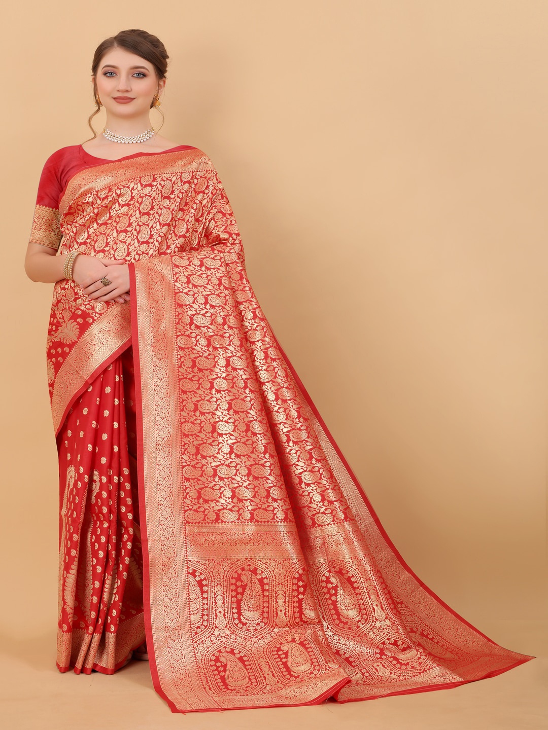

MOKSHA DESIGNS Ethnic Motifs Woven Design Zari Pure Silk Kanjeevaram Saree, Red