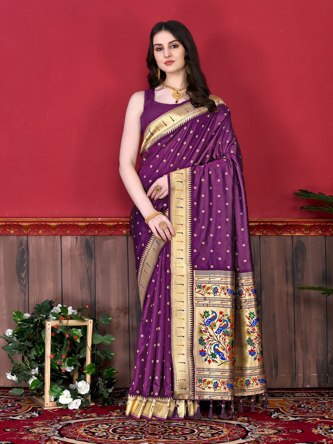 

MOKSHA DESIGNS Ethnic Motifs Woven Design Zari Pure Silk Paithani Saree, Violet