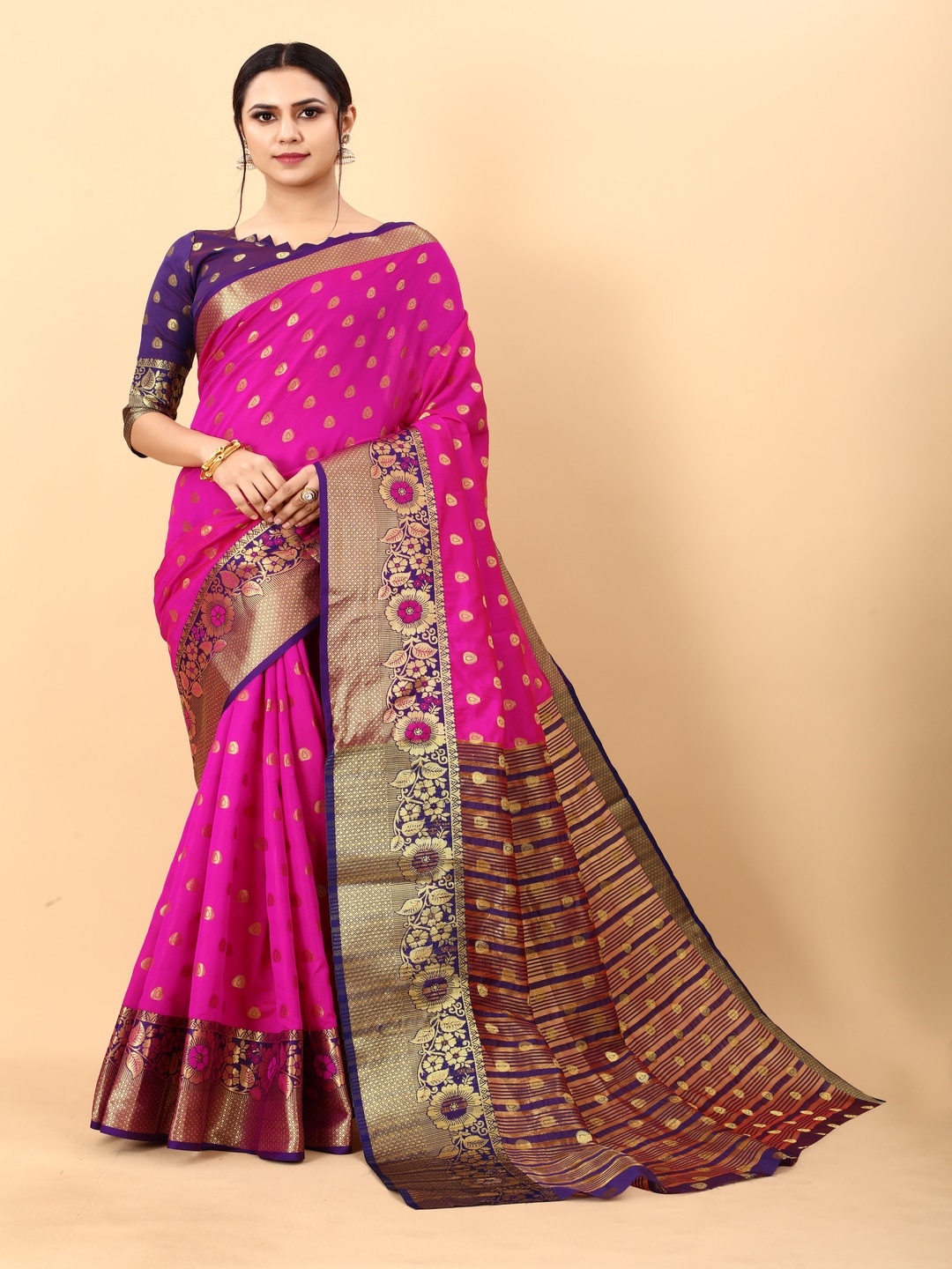 

MOKSHA DESIGNS Ethnic Motifs Woven Design Zari Pure Silk Kanjeevaram Saree, Pink