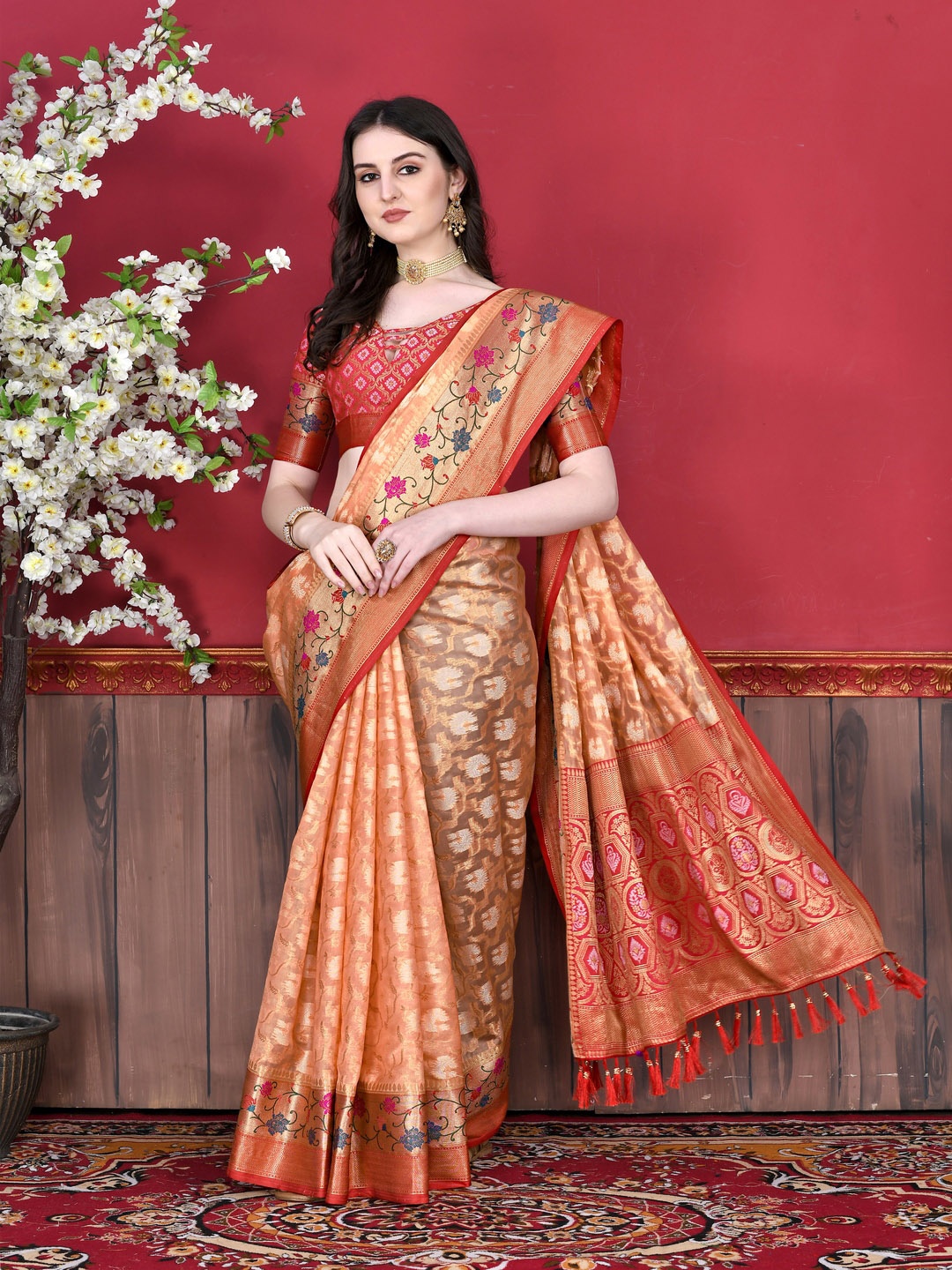 

MOKSHA DESIGNS Ethnic Motifs Woven Design Zari Pure Silk Banarasi Saree, Orange