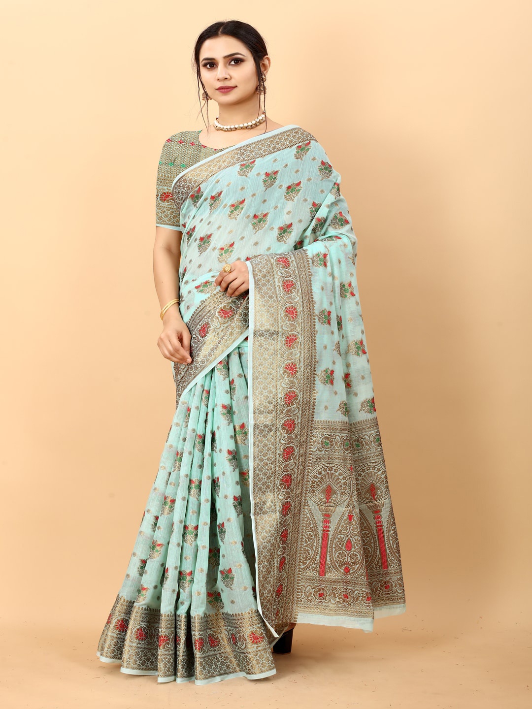 

MOKSHA DESIGNS Floral Woven Design Zari Pure Silk Chanderi Saree, Blue