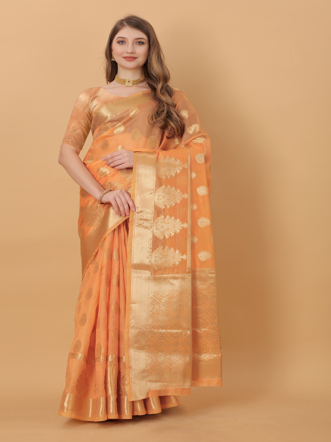 

MOKSHA DESIGNS Ethnic Motifs Woven Design Zari Pure Silk Banarasi Saree, Orange