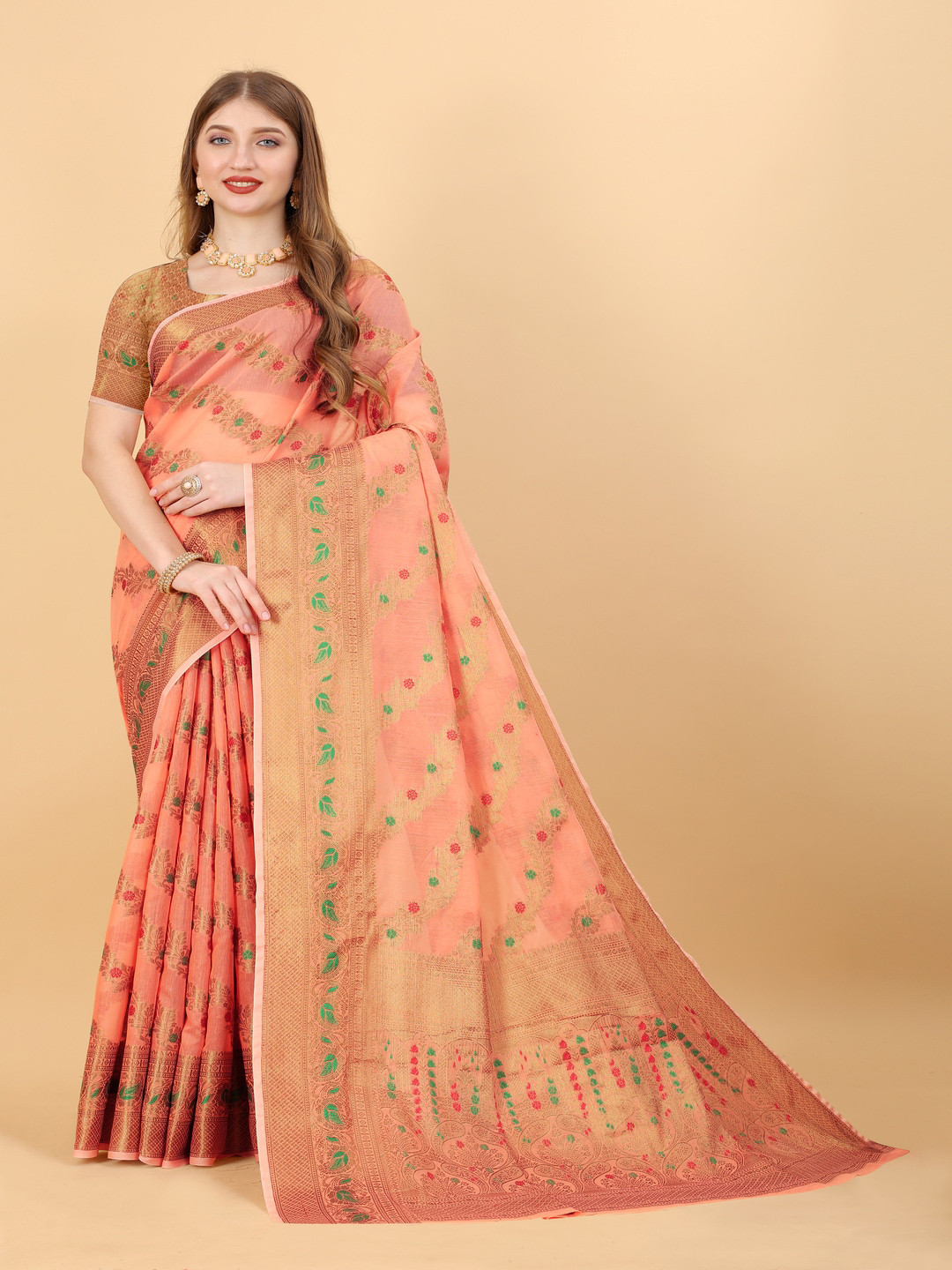 

MOKSHA DESIGNS Ethnic Motifs Woven Design Zari Pure Silk Maheshwari Saree, Peach