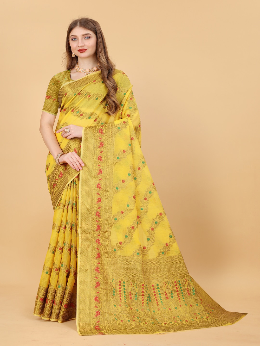 

MOKSHA DESIGNS Ethnic Motifs Woven Design Zari Pure Silk Maheshwari Saree, Yellow