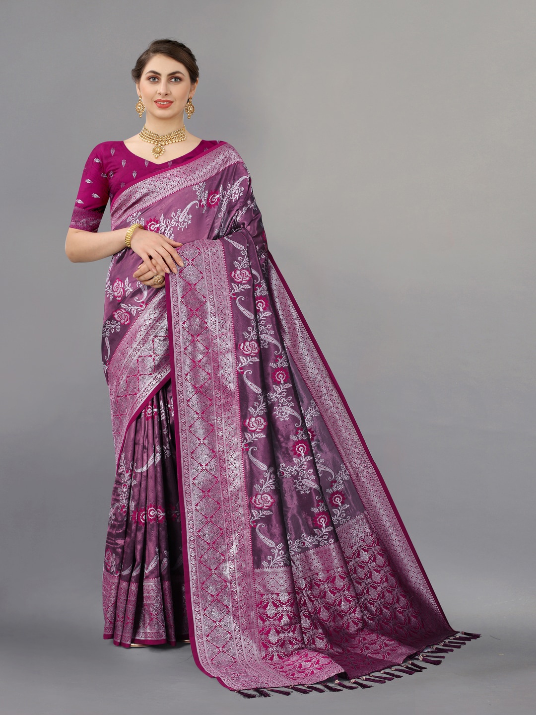 

MOKSHA DESIGNS Ethnic Motifs Woven Design Zari Pure Silk Kanjeevaram Saree, Pink