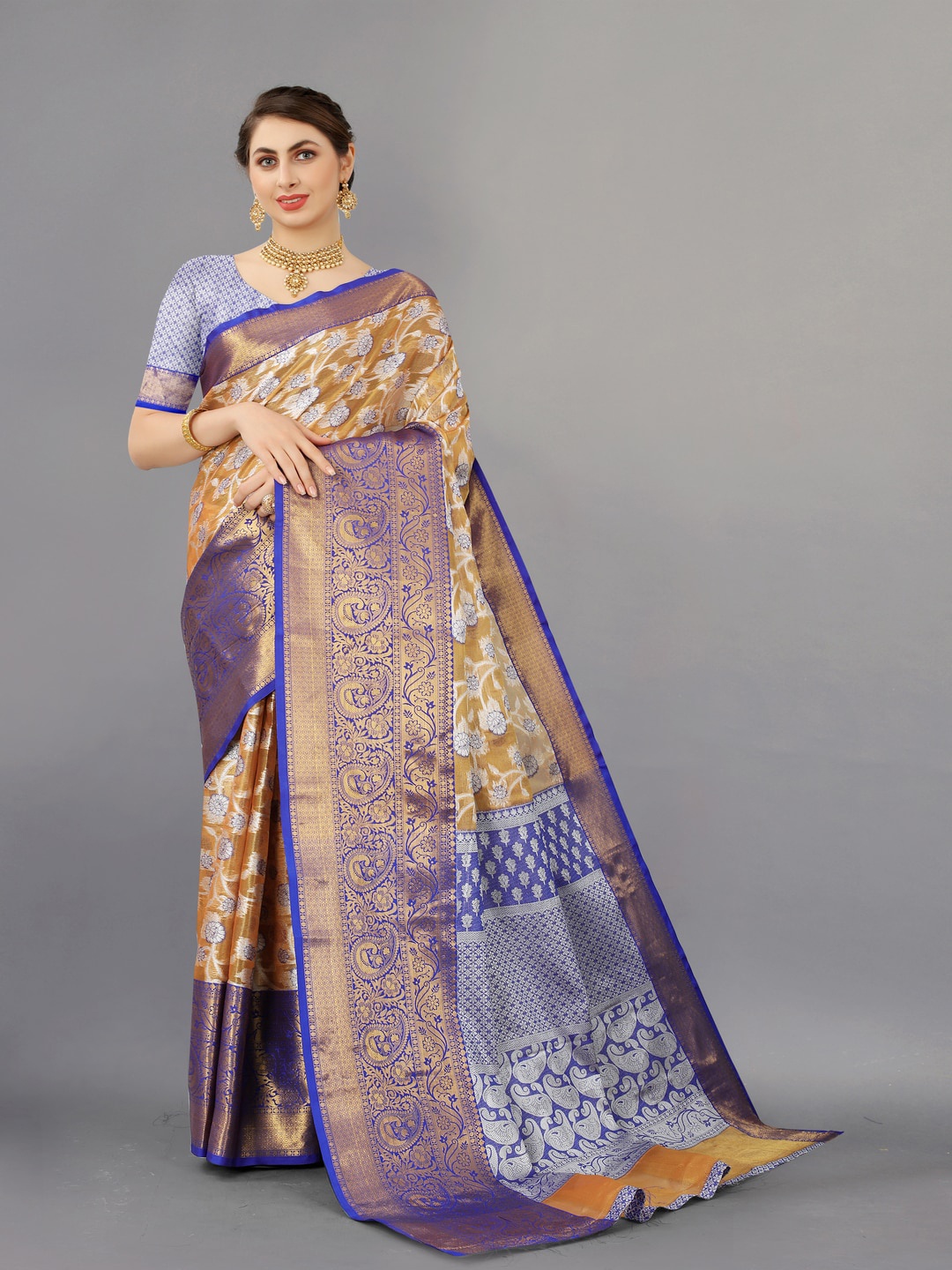 

MOKSHA DESIGNS Ethnic Motifs Woven Design Zari Pure Silk Banarasi Saree, Brown