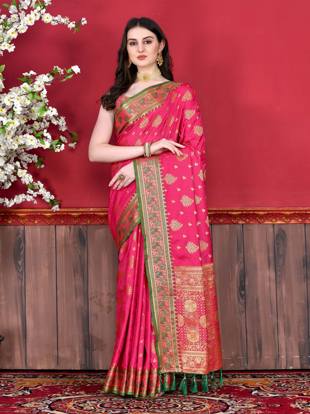 

MOKSHA DESIGNS Ethnic Motifs Woven Design Zari Pure Silk Banarasi Saree, Pink