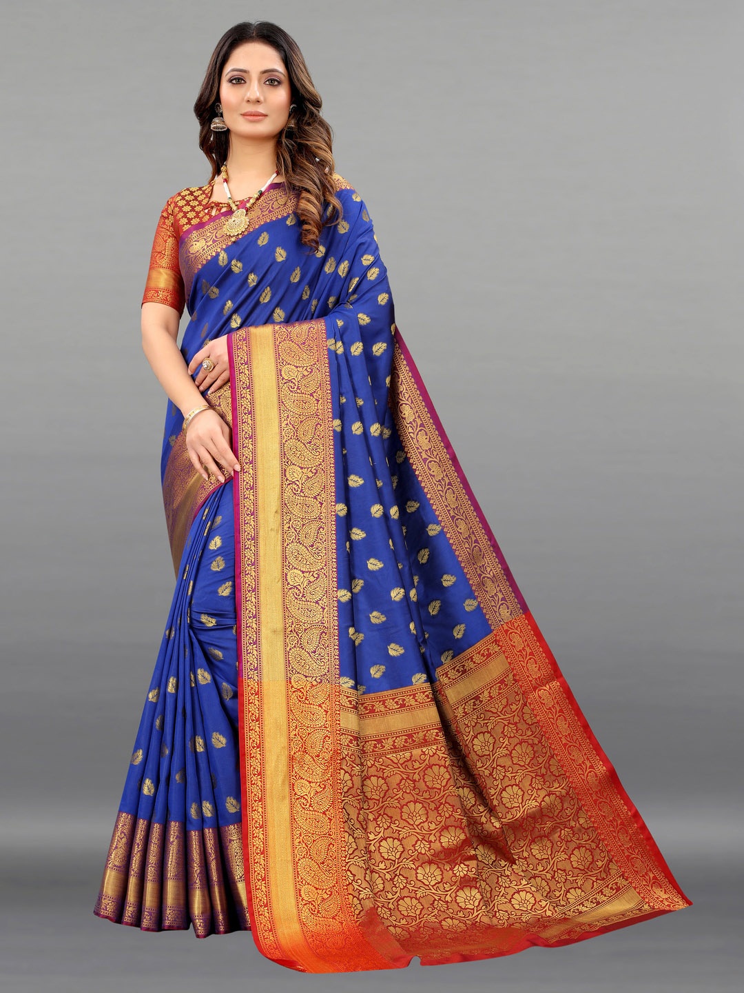 

MOKSHA DESIGNS Ethnic Motifs Woven Design Zari Pure Silk Banarasi Saree, Blue