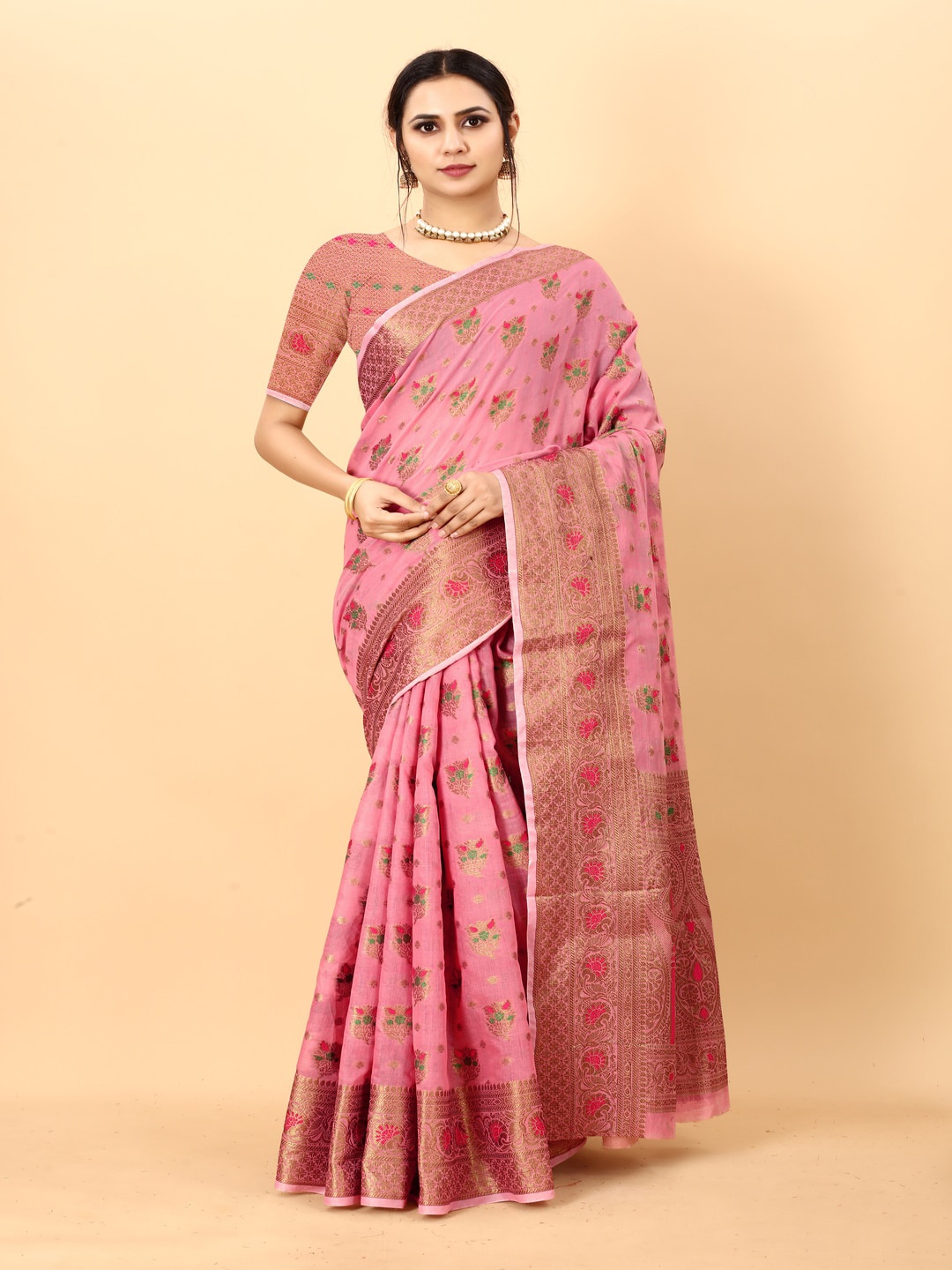 

MOKSHA DESIGNS Floral Woven Design Zari Pure Silk Chanderi Saree, Pink