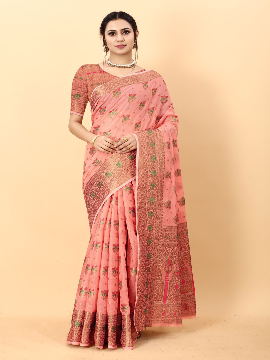 

MOKSHA DESIGNS Floral Woven Design Zari Pure Silk Maheshwari Saree, Red
