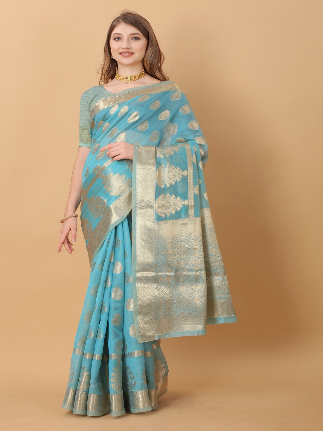 

MOKSHA DESIGNS Floral Woven Design Zari Pure Silk Banarasi Saree, Blue