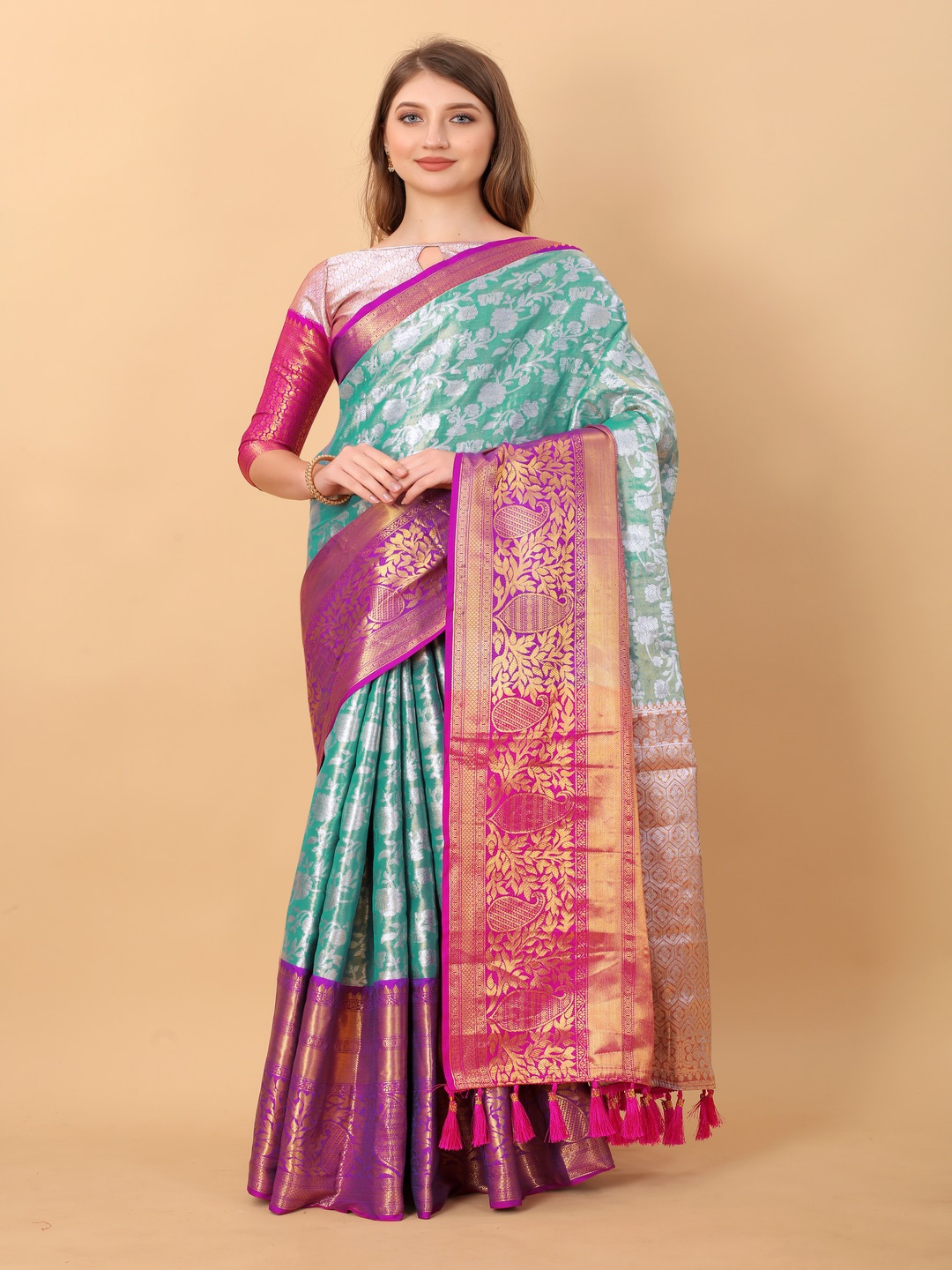

MOKSHA DESIGNS Floral Woven Design Zari Pure Silk Kanjeevaram Saree, Blue