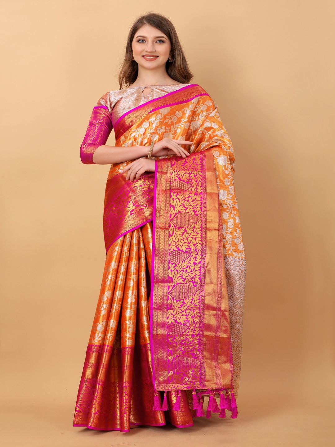 

MOKSHA DESIGNS Floral Woven Design Zari Pure Silk Kanjeevaram Saree, Orange