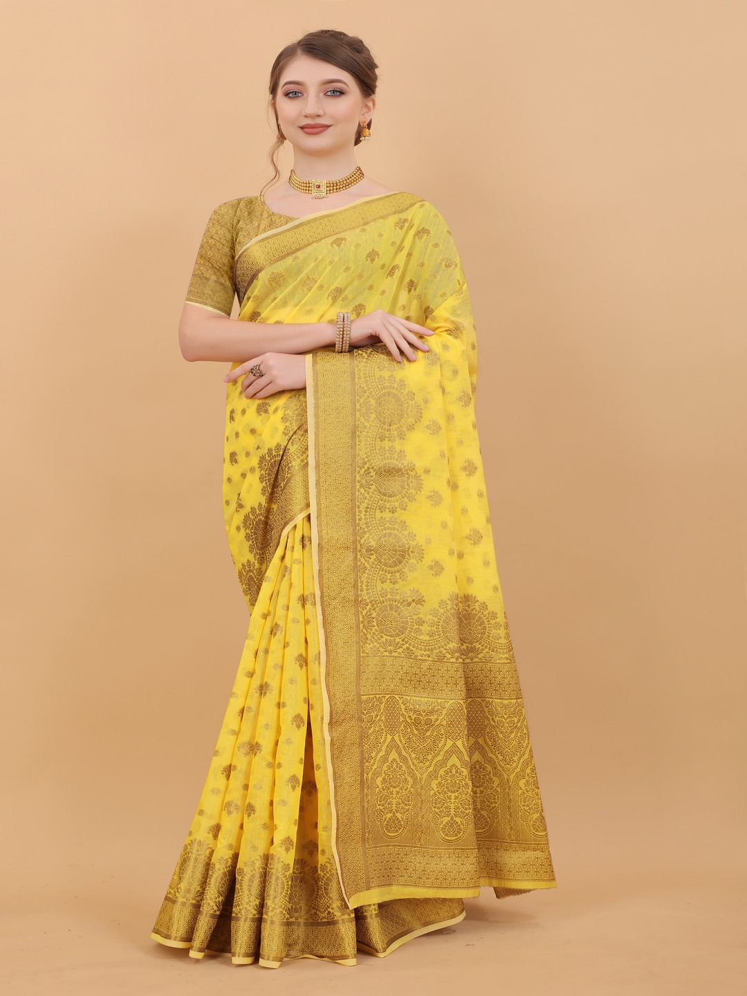 

MOKSHA DESIGNS Ethnic Motifs Woven Design Zari Pure Silk Banarasi Saree, Yellow