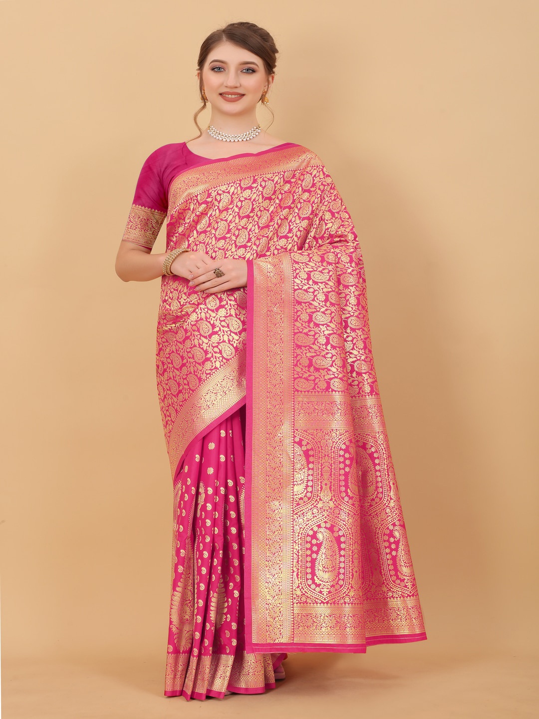 

MOKSHA DESIGNS Ethnic Motifs Woven Design Zari Pure Silk Kanjeevaram Saree, Pink