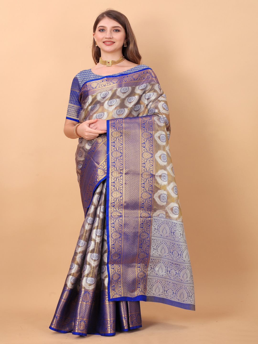 

MOKSHA DESIGNS Ethnic Motifs Woven Design Zari Pure Silk Banarasi Saree, Navy blue