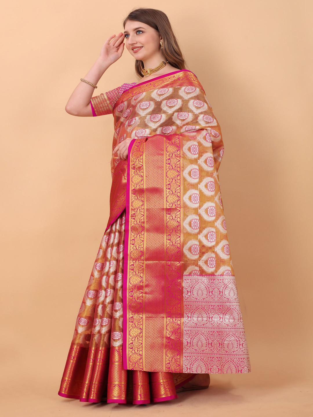 

MOKSHA DESIGNS Ethnic Motifs Woven Design Zari Pure Silk Banarasi Saree, Pink