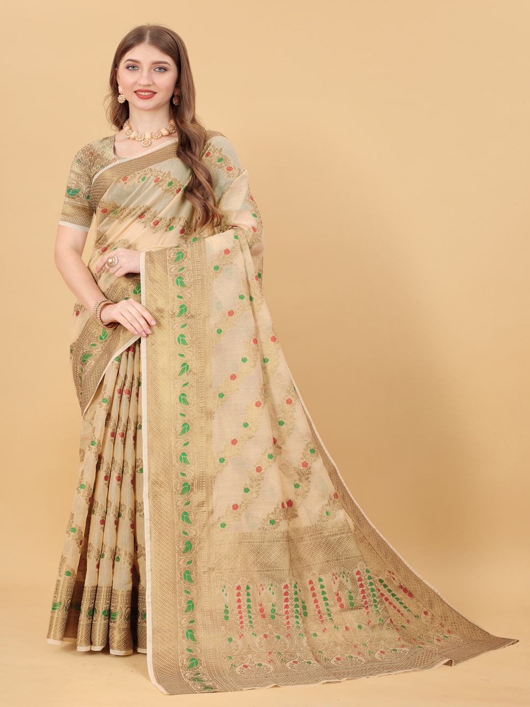 

MOKSHA DESIGNS Ethnic Motifs Woven Design Zari Pure Silk Maheshwari Saree, Beige