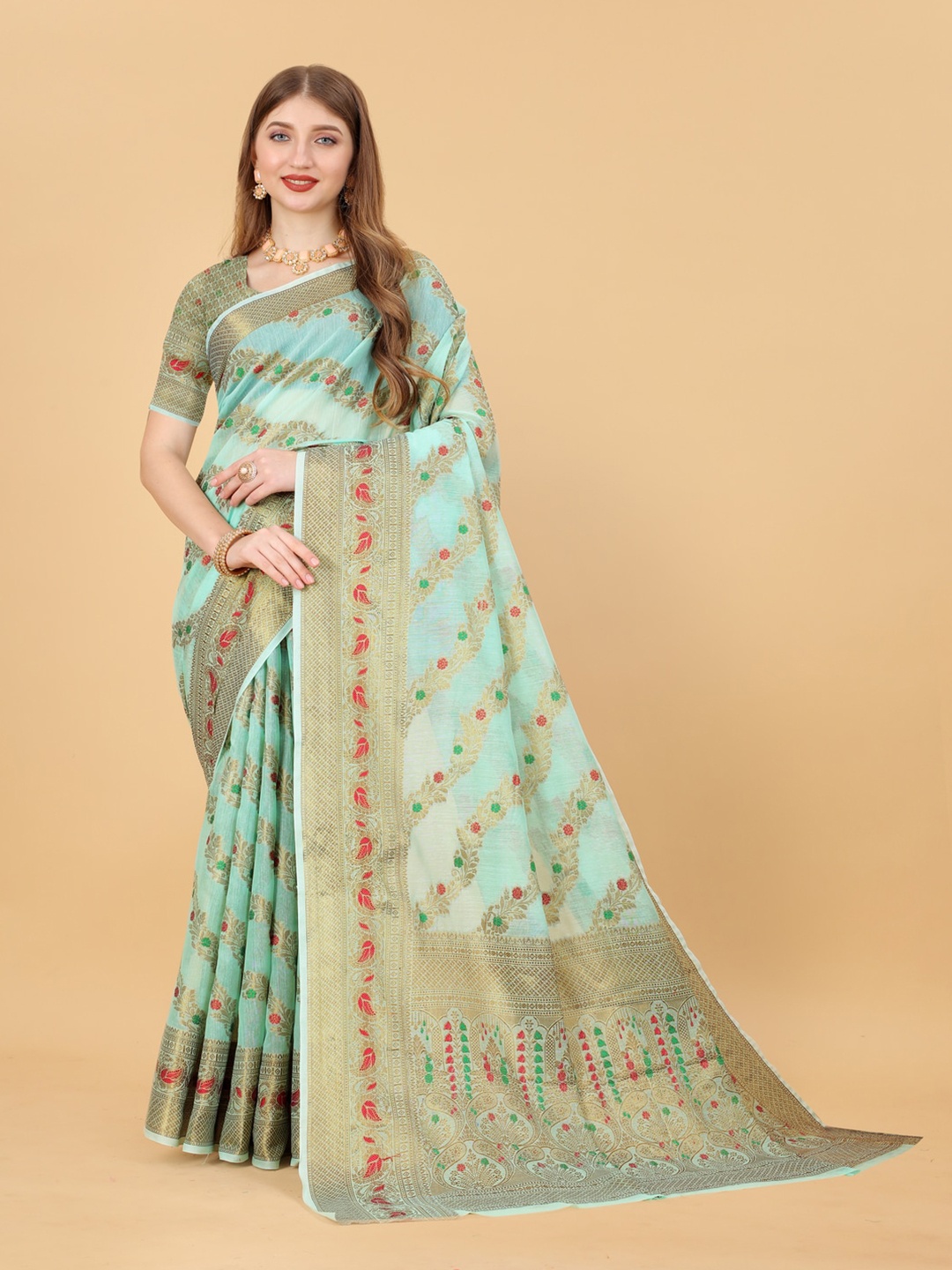 

MOKSHA DESIGNS Ethnic Motifs Woven Design Zari Pure Silk Maheshwari Saree, Sea green