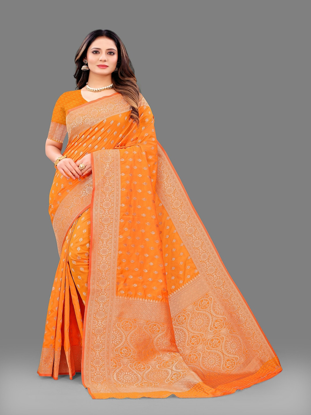 

MOKSHA DESIGNS Ethnic Motifs Woven Design Zari Pure Silk Kanjeevaram Saree, Orange