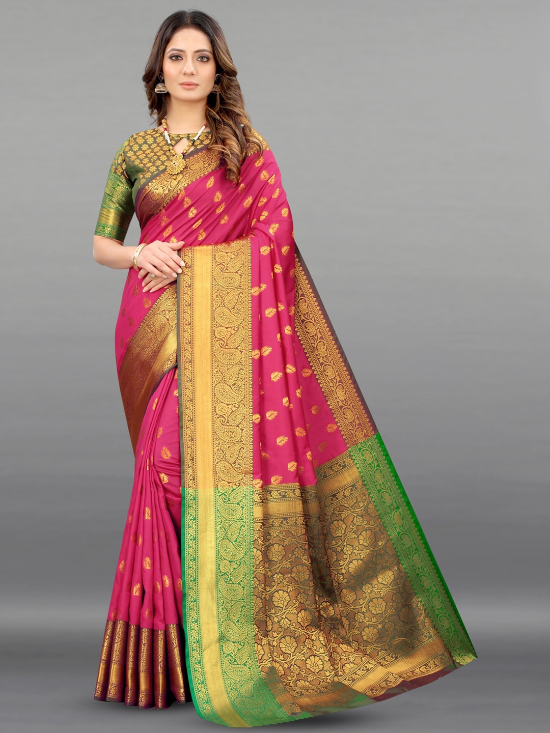 

MOKSHA DESIGNS Ethnic Motifs Woven Design Zari Pure Silk Banarasi Saree, Pink
