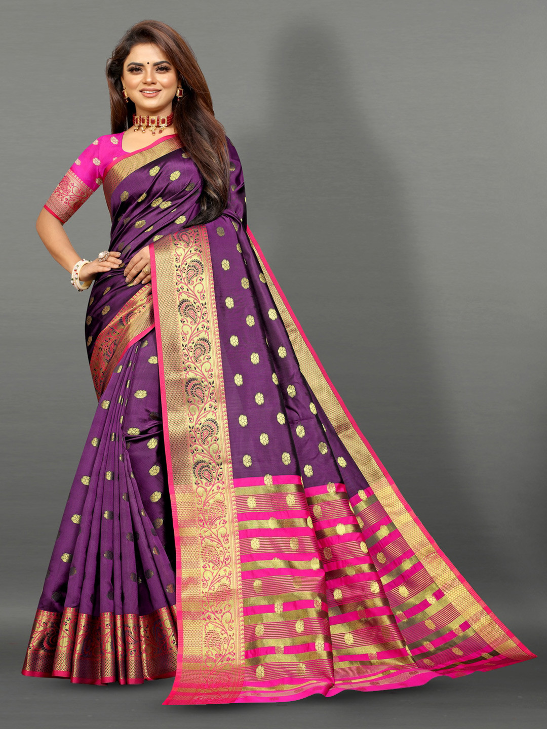 

MOKSHA DESIGNS Ethnic Motifs Woven Design Zari Pure Silk Kanjeevaram Saree, Purple