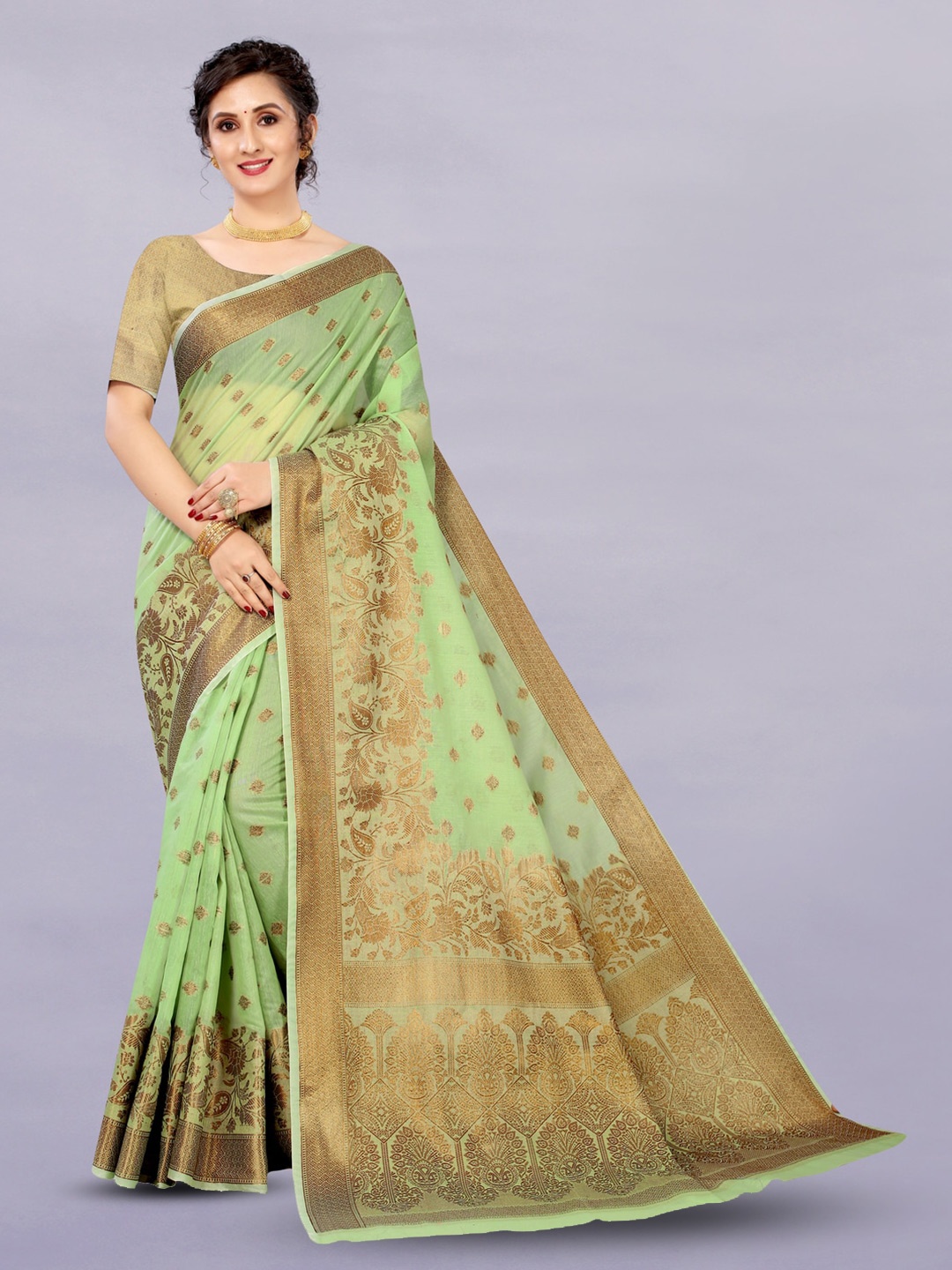 

MOKSHA DESIGNS Ethnic Motifs Woven Design Zari Pure Silk Kanjeevaram Saree, Green