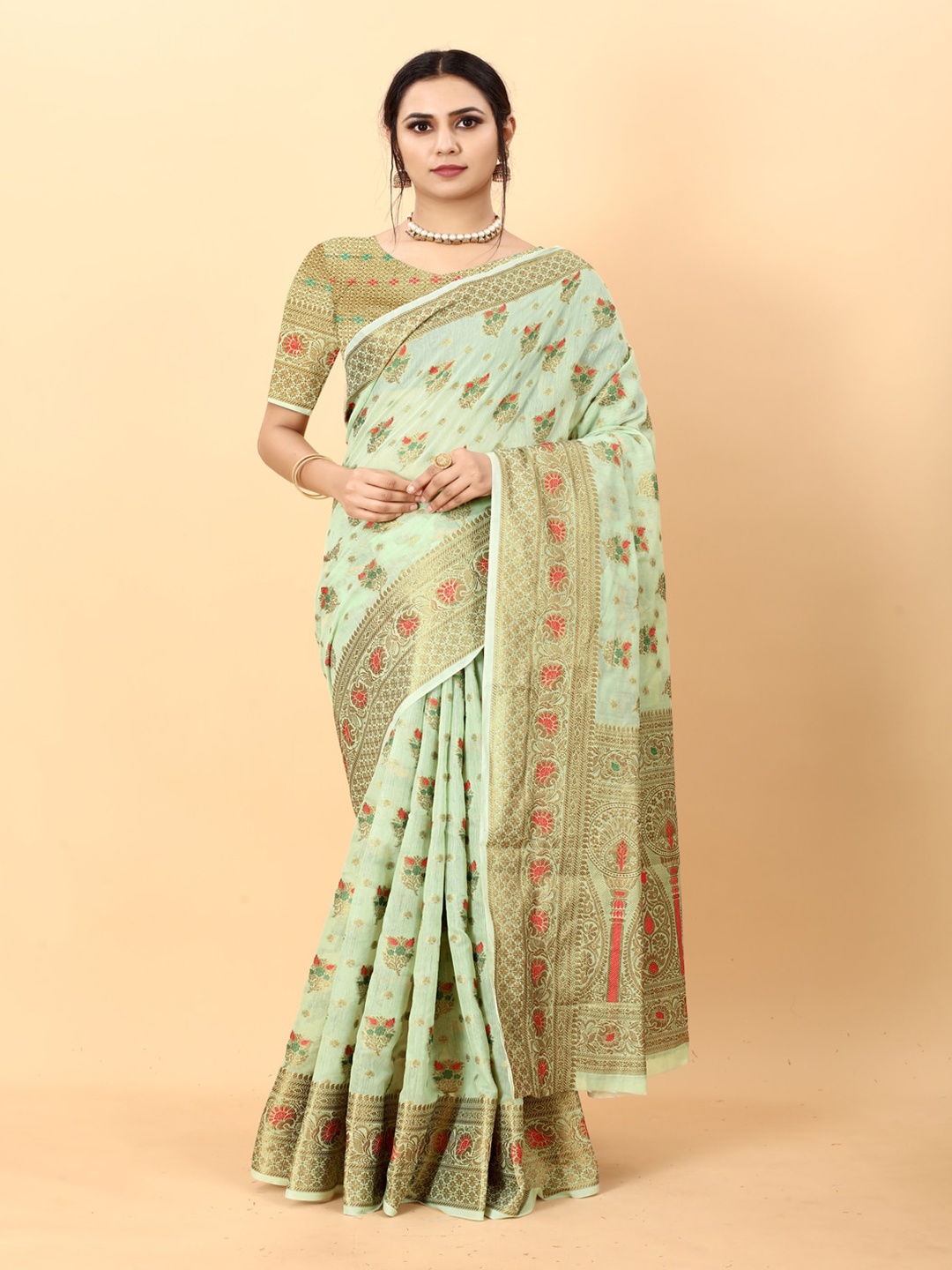 

MOKSHA DESIGNS Floral Woven Design Zari Pure Silk Maheshwari Saree, Green