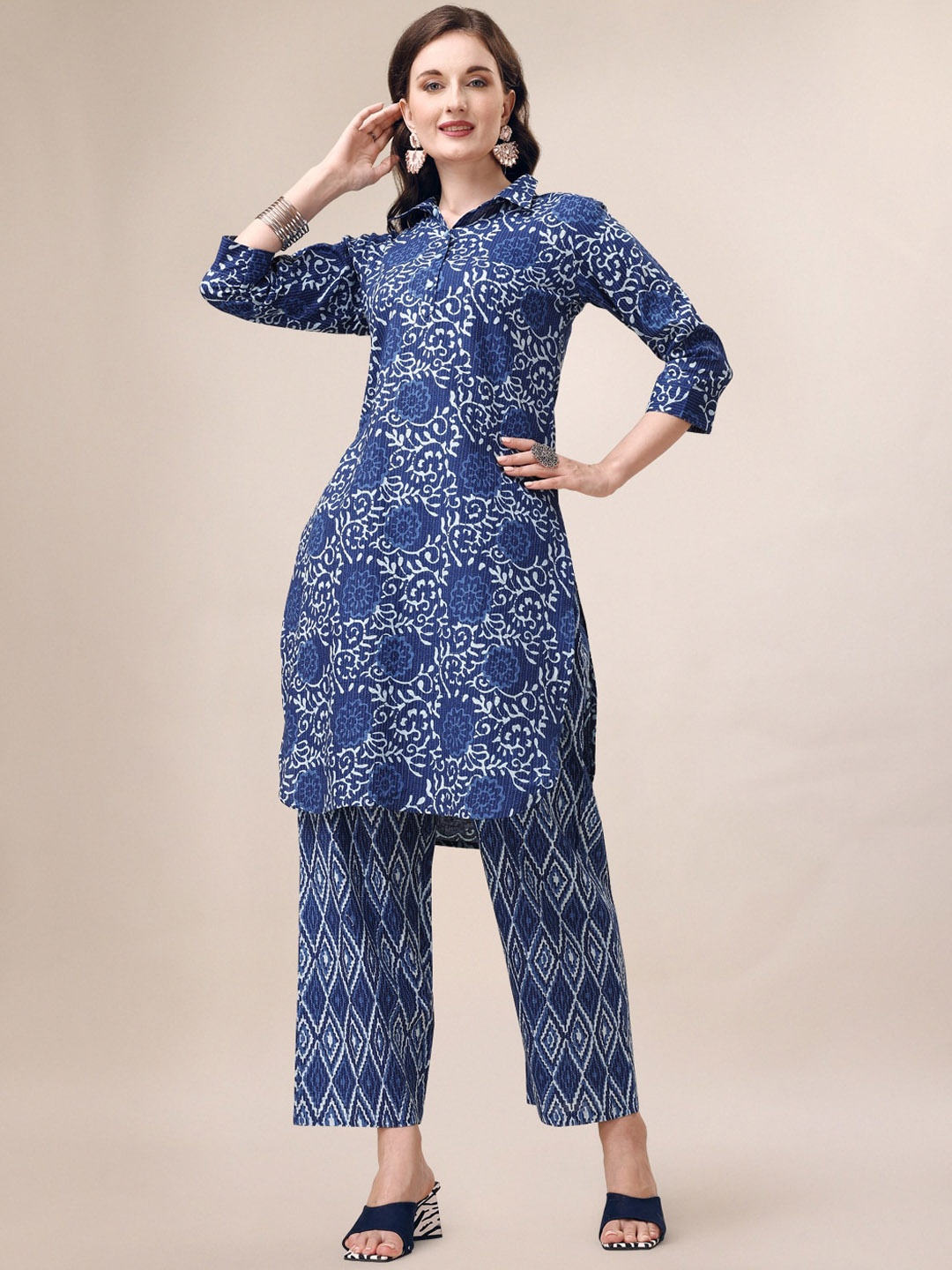 

KALINI Floral Printed Shirt Collar Pure Cotton Straight Kurta with Trousers, Blue