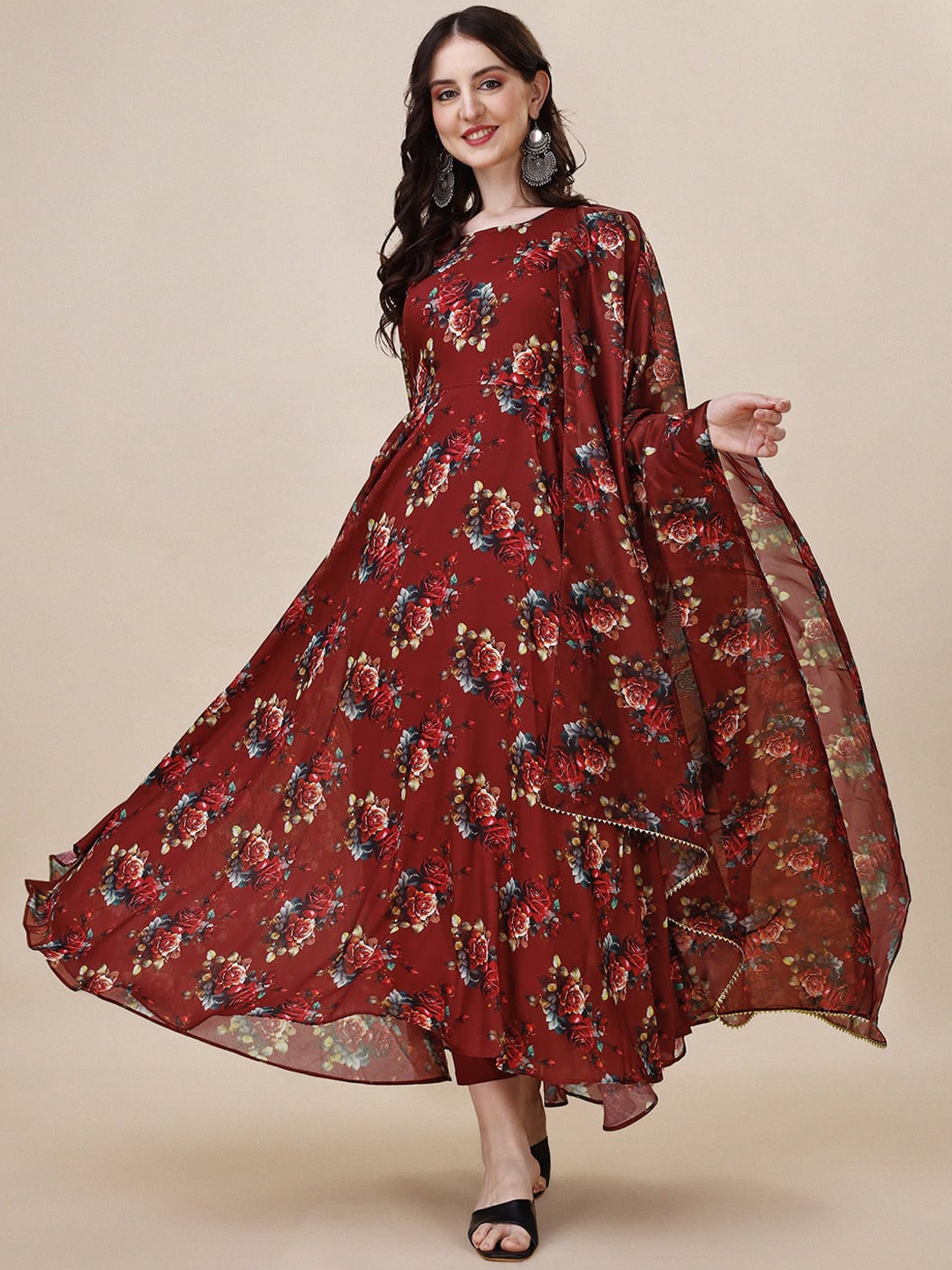 

KALINI Floral Printed Anarkali Kurta & Trousers With Dupatta, Maroon