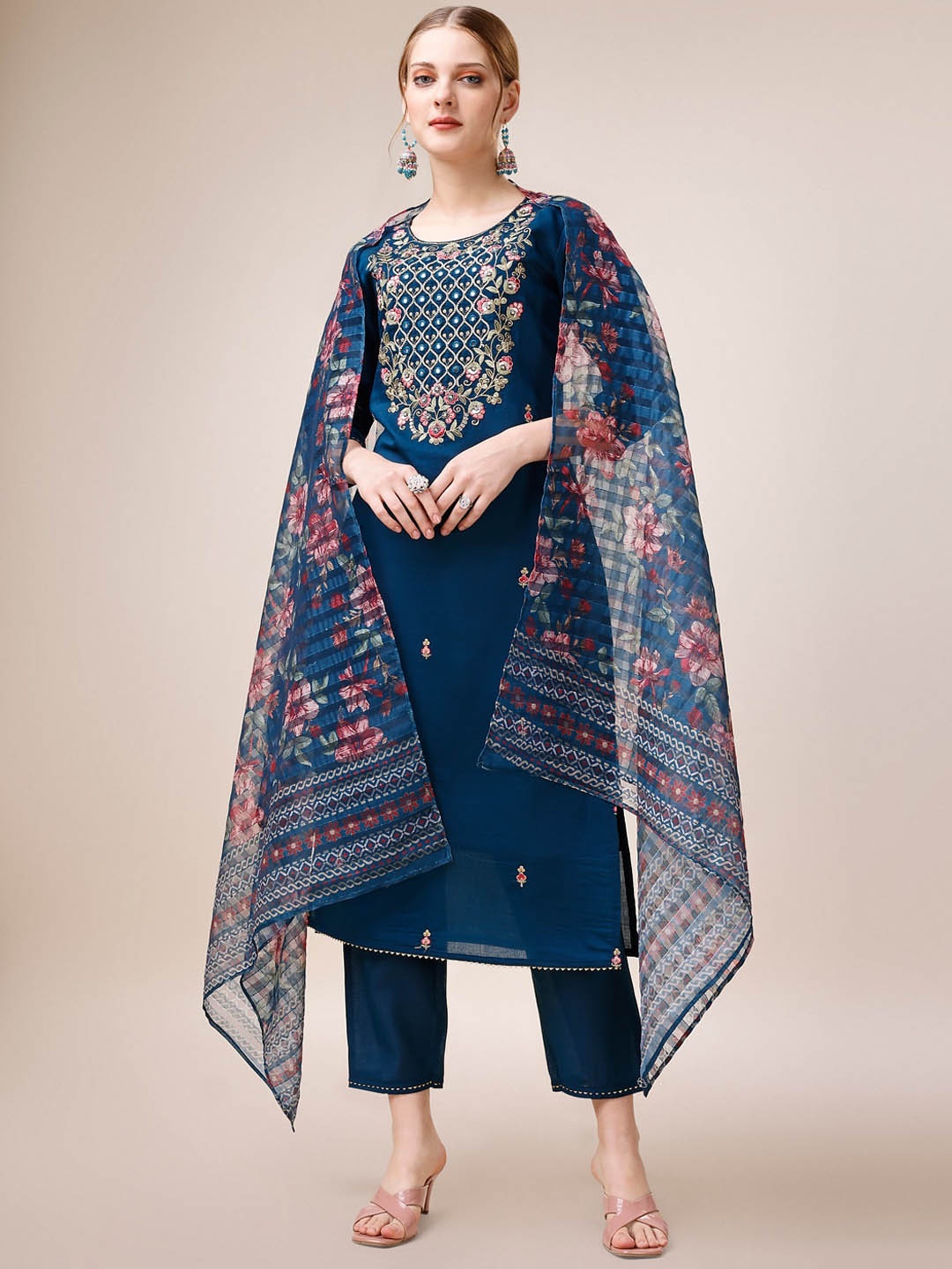 

KALINI Floral Embroidered Chanderi Cotton Kurta & Trousers With Dupatta, Navy blue