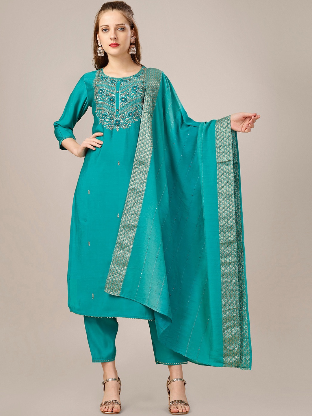 

KALINI Floral Yoke Design Beads and Stones Chanderi Cotton Kurta & Trousers With Dupatta, Blue