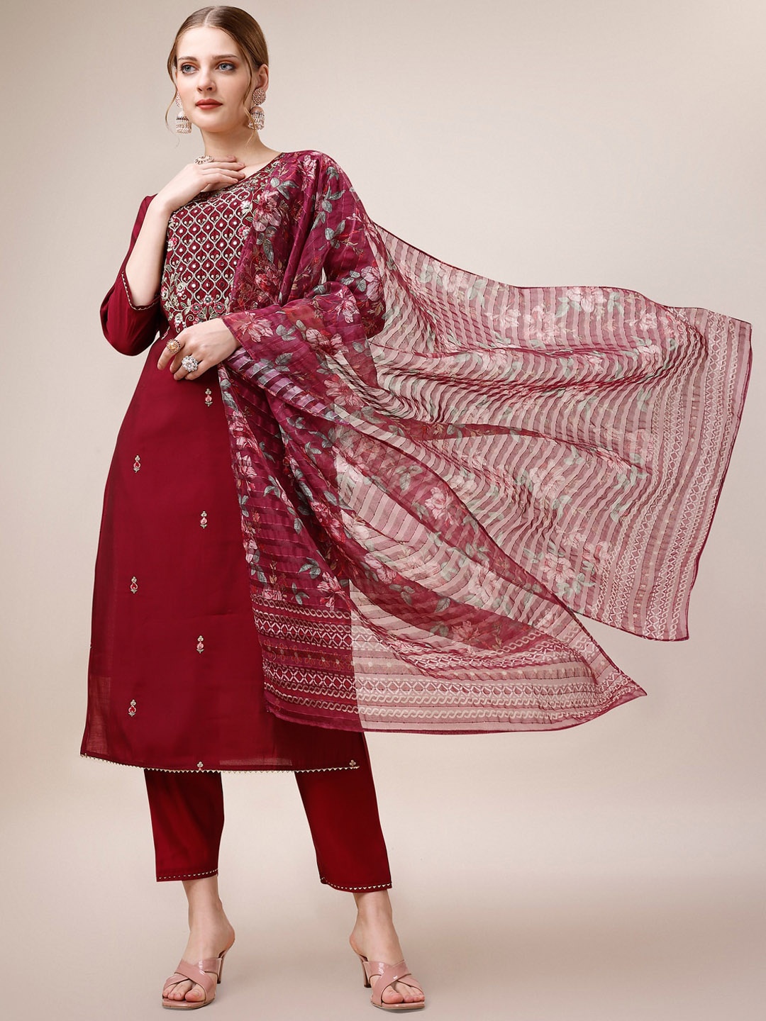 

KALINI Ethnic Motifs Embroidered Chanderi Cotton Kurta & Trousers With Dupatta, Maroon