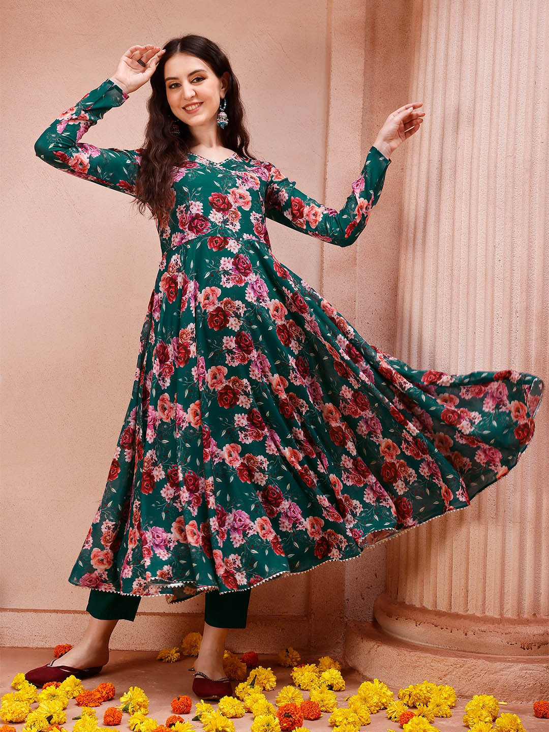 

KALINI Floral Printed Anarkali Kurta With Trousers & Dupatta, Teal