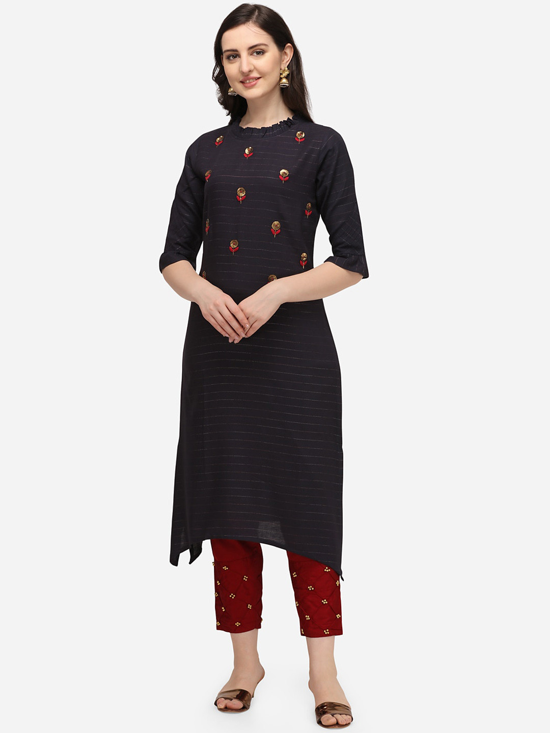 

KALINI Ethnic Motifs Embroidered Regular Sequinned Kurta With Trousers, Navy blue