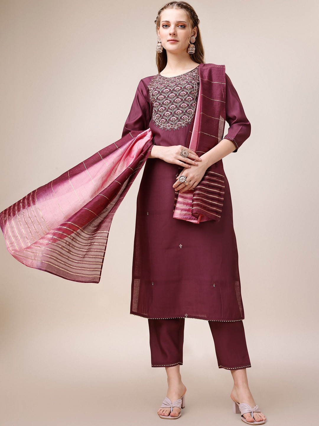 

KALINI Floral Beads & Stones Embroidered Chanderi Cotton Kurta With Trousers & Dupatta, Burgundy