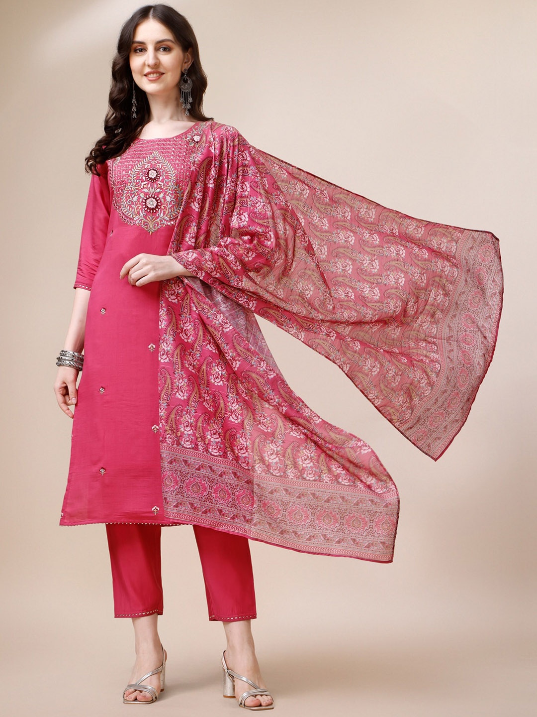 

KALINI Ethnic Motifs Mirror Work Embroidered Chanderi Cotton Kurta With Trousers & Dupatta, Pink