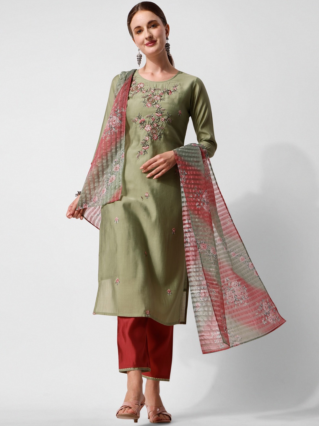 

KALINI Floral Yoke Design Thread Work Kurta With Trousers & Dupatta, Green