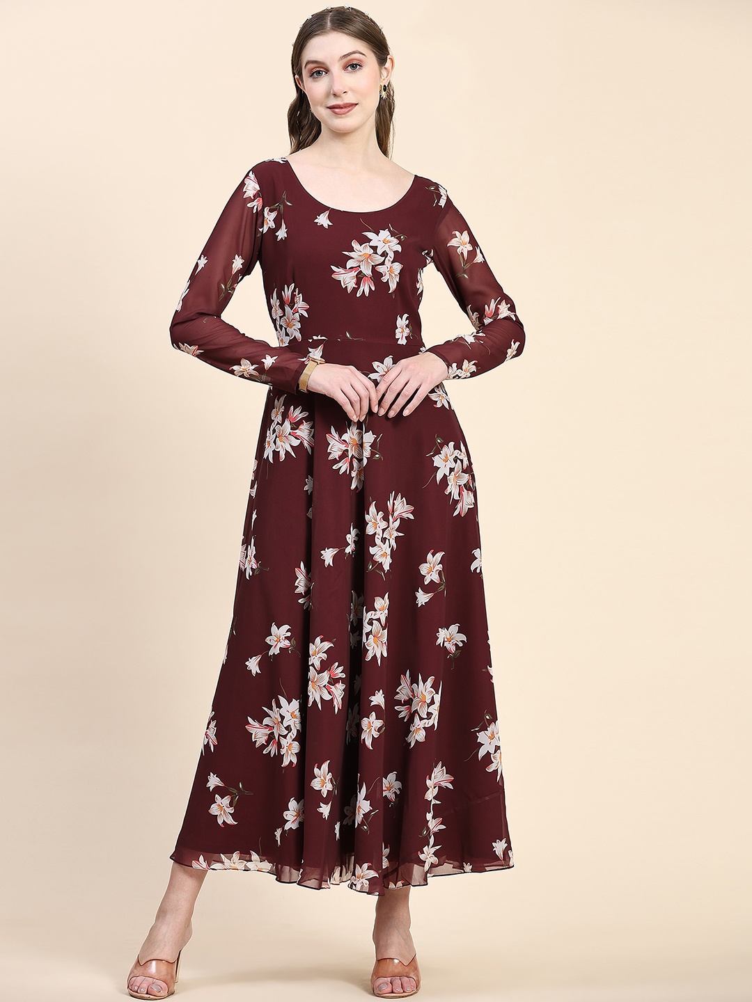 

BLACK SCISSOR Floral Printed Fit & Flared Georgette Maxi Ethnic Dresses, Purple