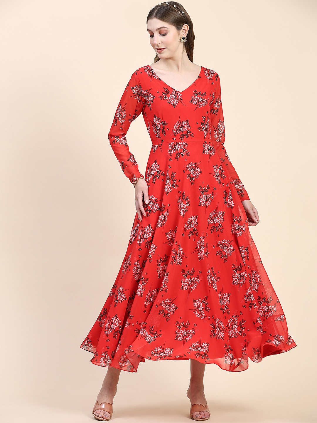 

BLACK SCISSOR Floral Printed Georgette Fit & Flare Ethnic Dress, Red