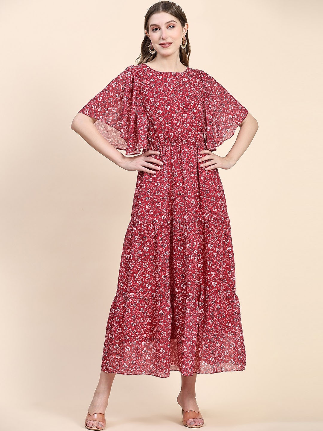 

BLACK SCISSOR Floral Printed Flared Sleeves Tiered Georgette Maxi Gown, Red