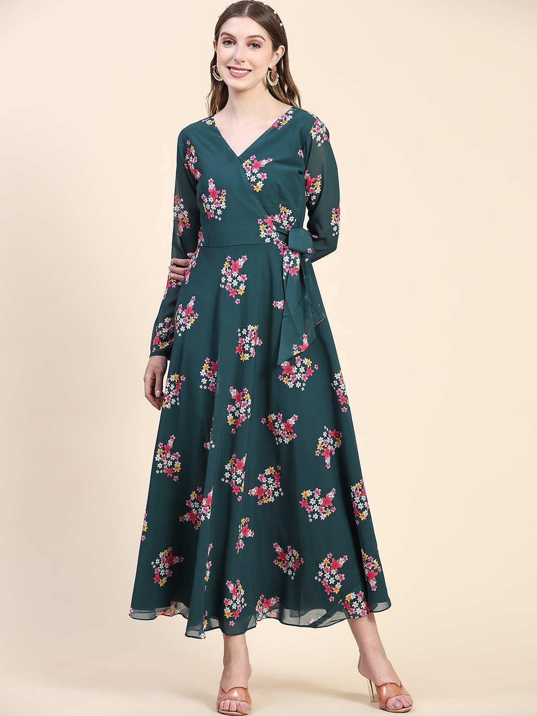 

BLACK SCISSOR Floral Printed Tie Ups Georgette Angrakha Maxi Gown, Green