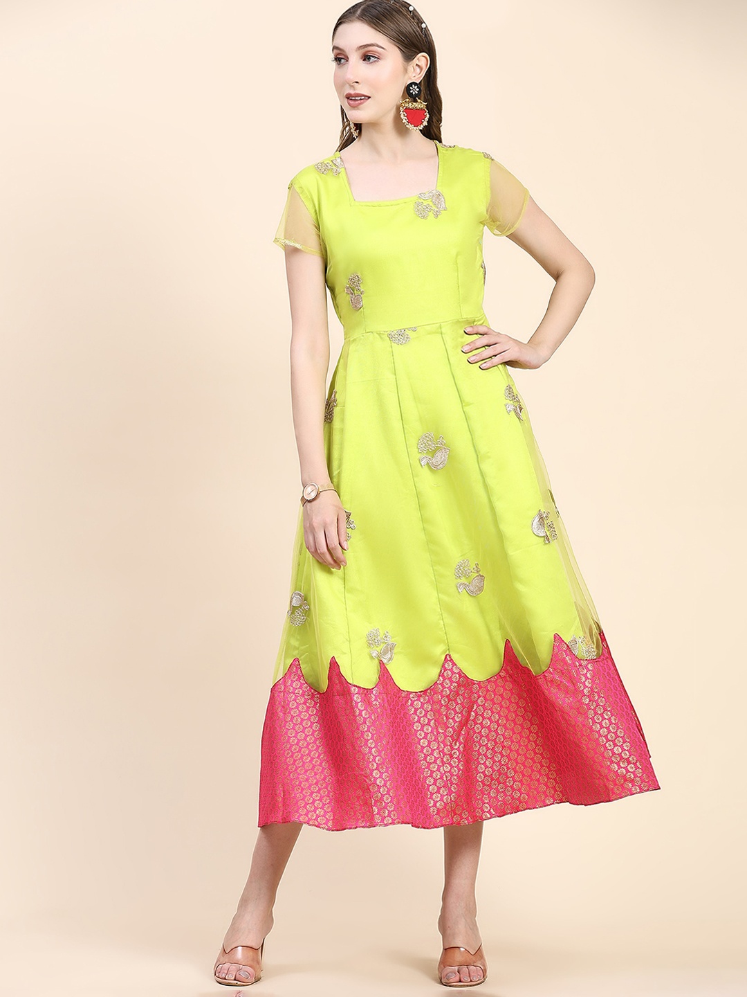 

BLACK SCISSOR Ethnic Motifs Embroidery Patchwork Fit & Flare Ethnic Dresses, Lime green