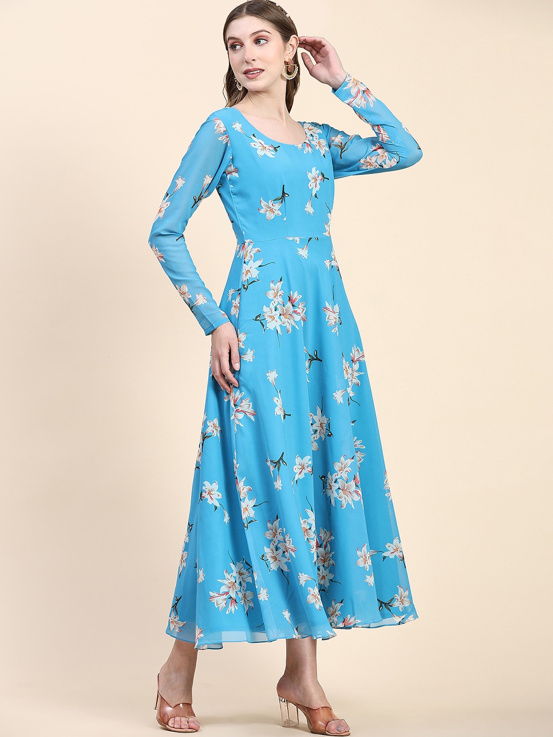 

BLACK SCISSOR Floral Printed Midi Georgette Ethnic Dress, Blue