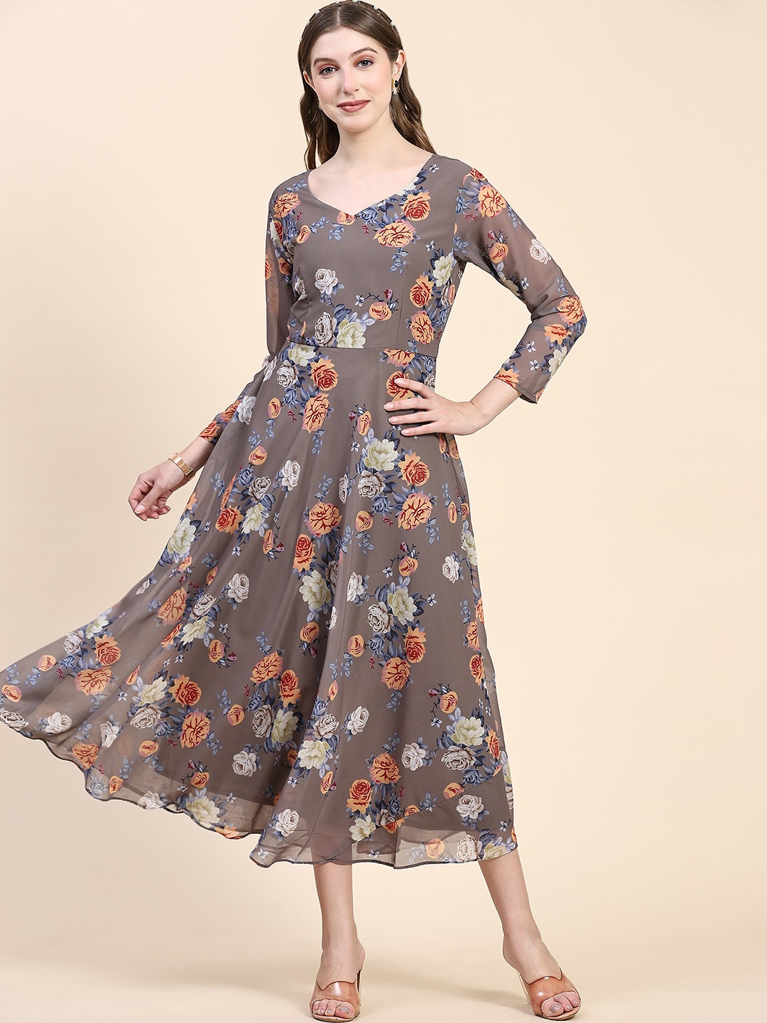 

BLACK SCISSOR Floral Printed V-Neck Georgette Fit and Flare Midi Ethnic Dress, Brown