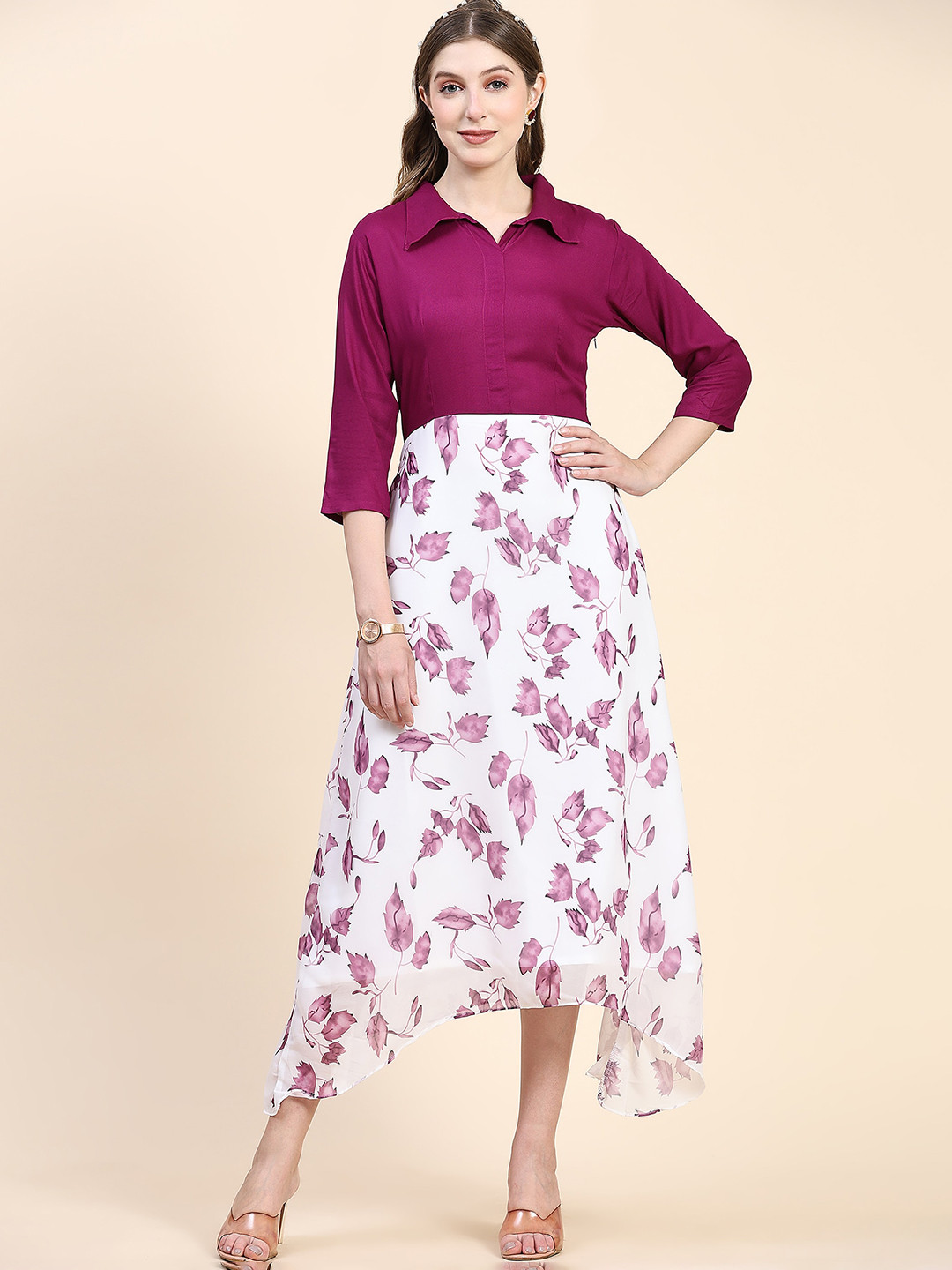

BLACK SCISSOR Floral Printed High Low Georgette Ethnic Dress, Purple