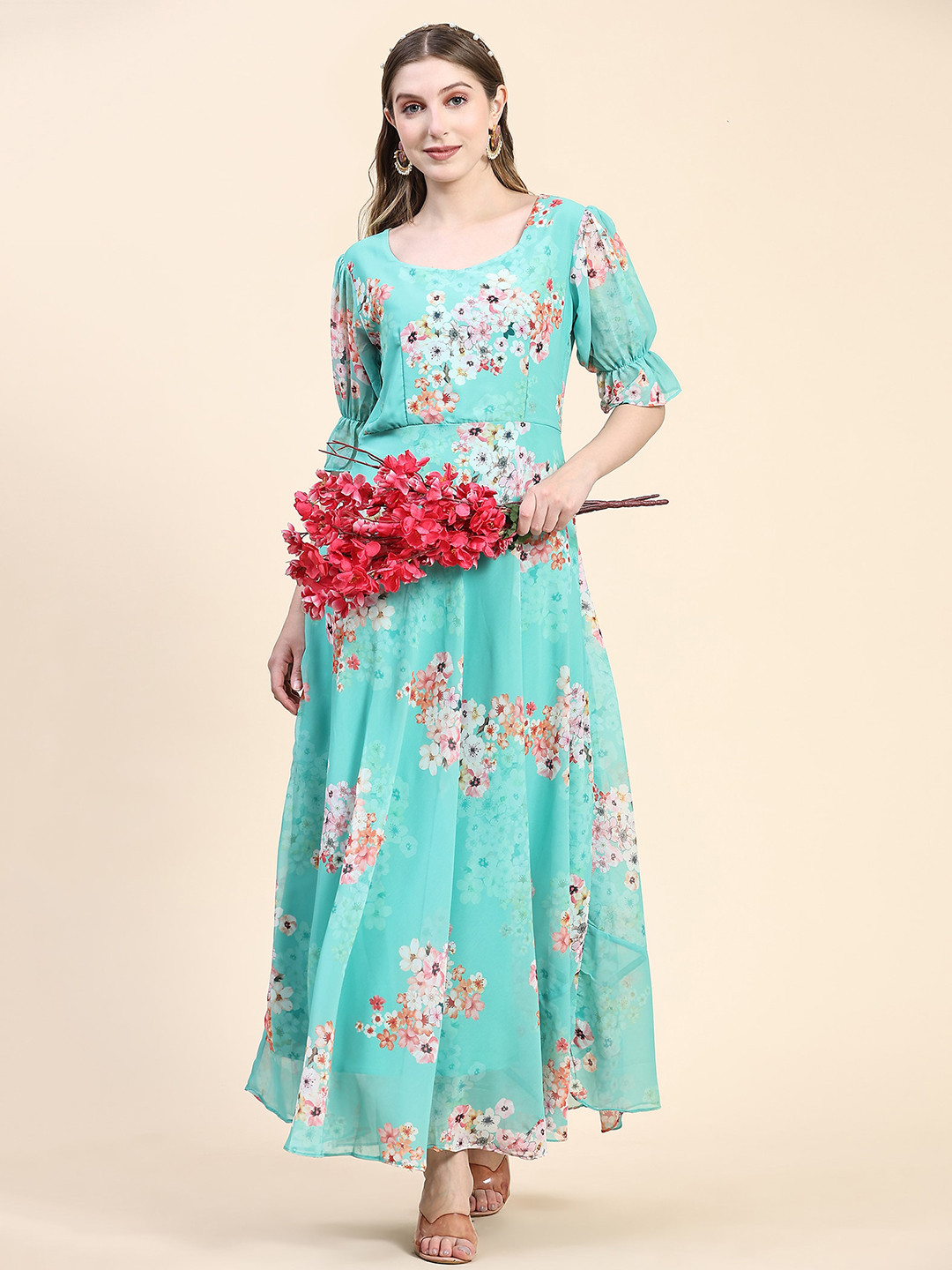 

BLACK SCISSOR Floral Printed Fit & Flared Bell Sleeves Georgette Maxi Ethnic Dress, Sea green